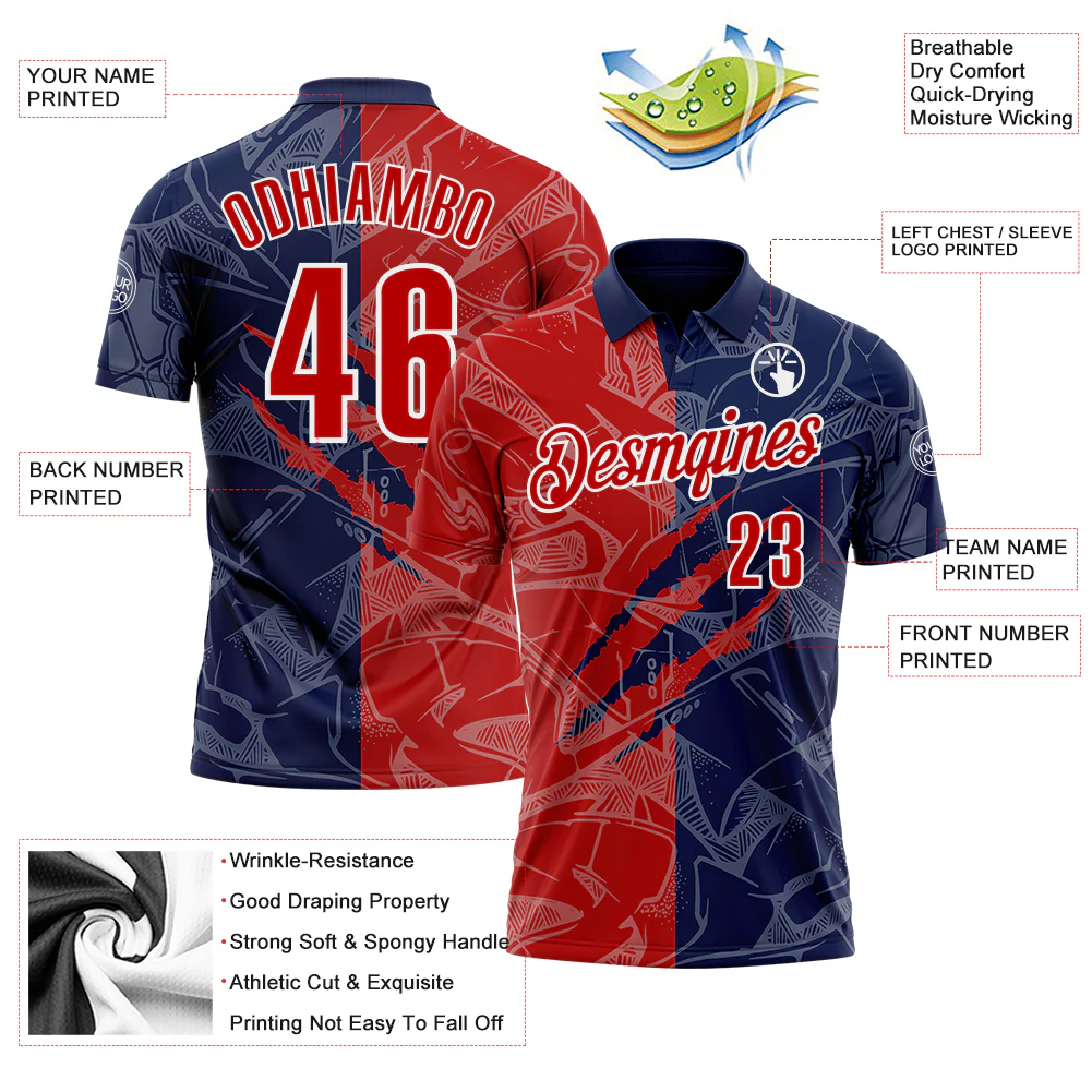 Custom Graffiti Pattern Red Navy-White 3D Scratch Performance Polo Shirt - Image 3