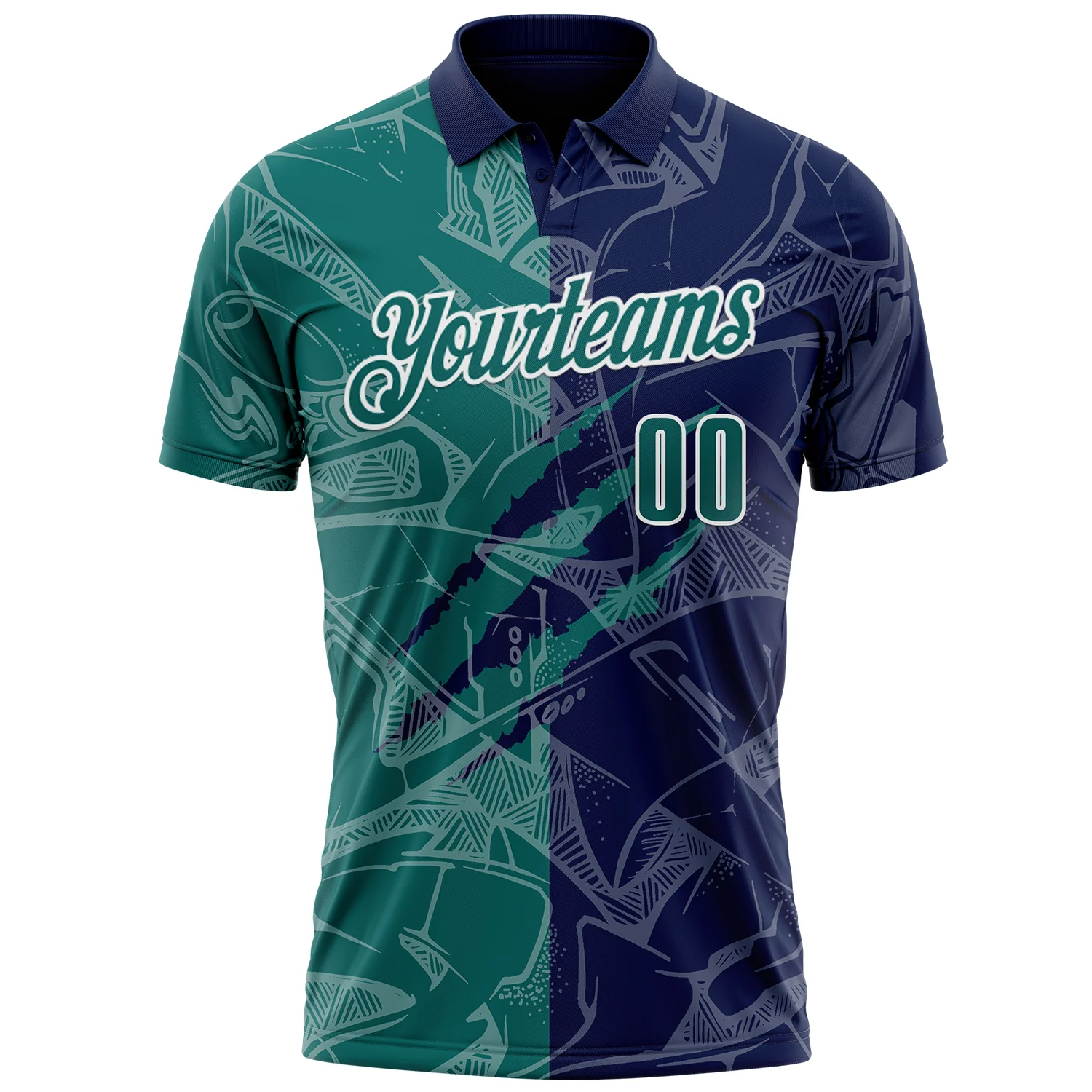 Custom Graffiti Pattern Teal Navy-White 3D Scratch Performance Polo Shirt - Image 2