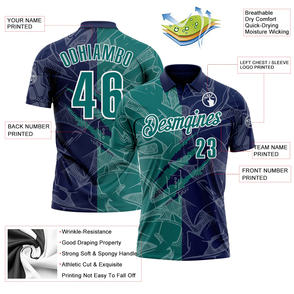 Custom Graffiti Pattern Teal Navy-White 3D Scratch Performance Polo Shirt - Image 3