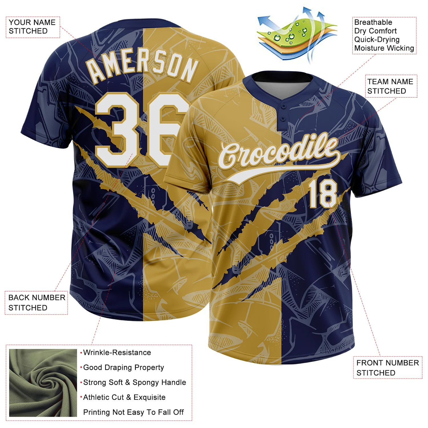 Custom Graffiti Pattern White Navy-Old Gold 3D Scratch Two-Button Unisex Softball Jersey - Image 3