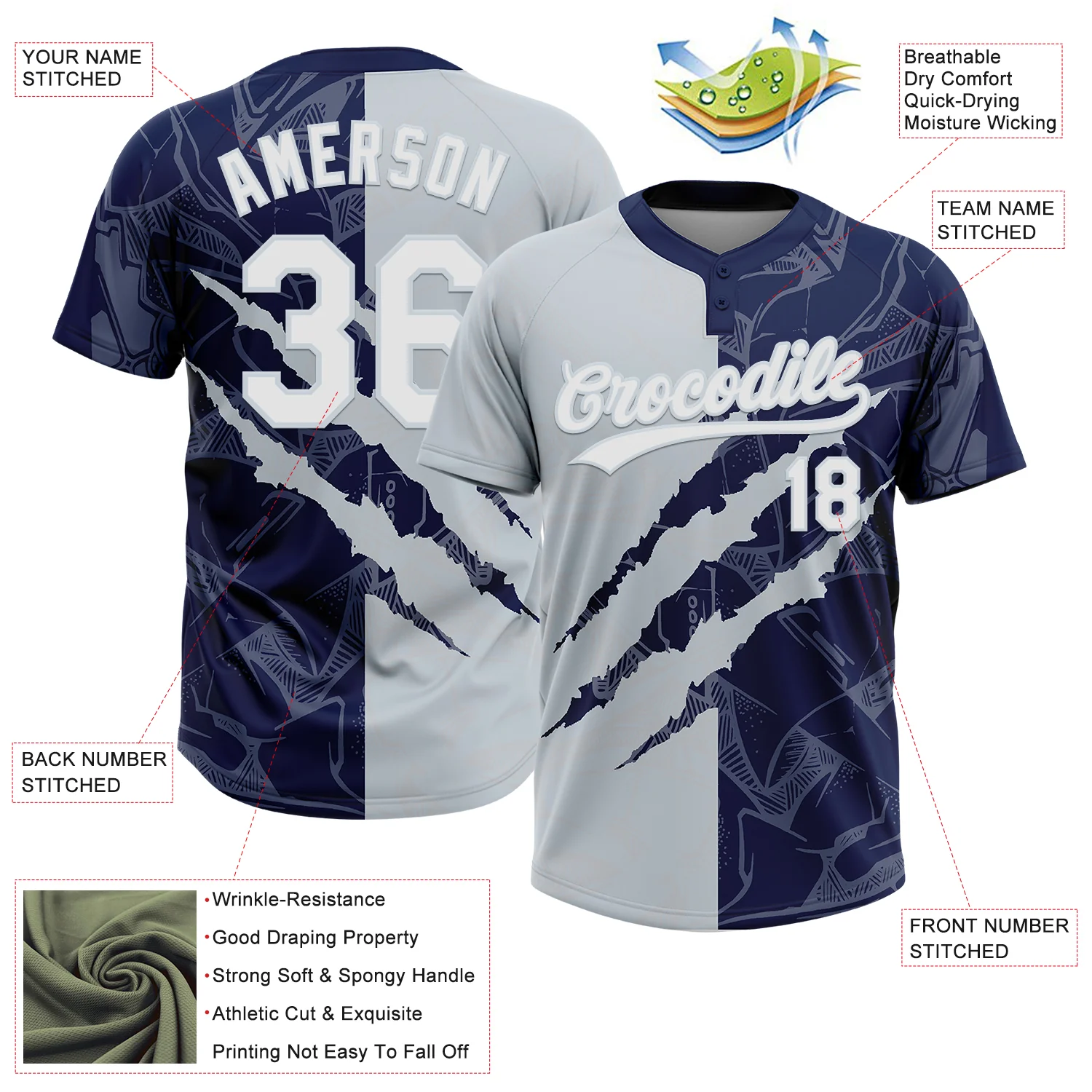 Custom Graffiti Pattern White Navy-Silver 3D Scratch Two-Button Unisex Softball Jersey - Image 3