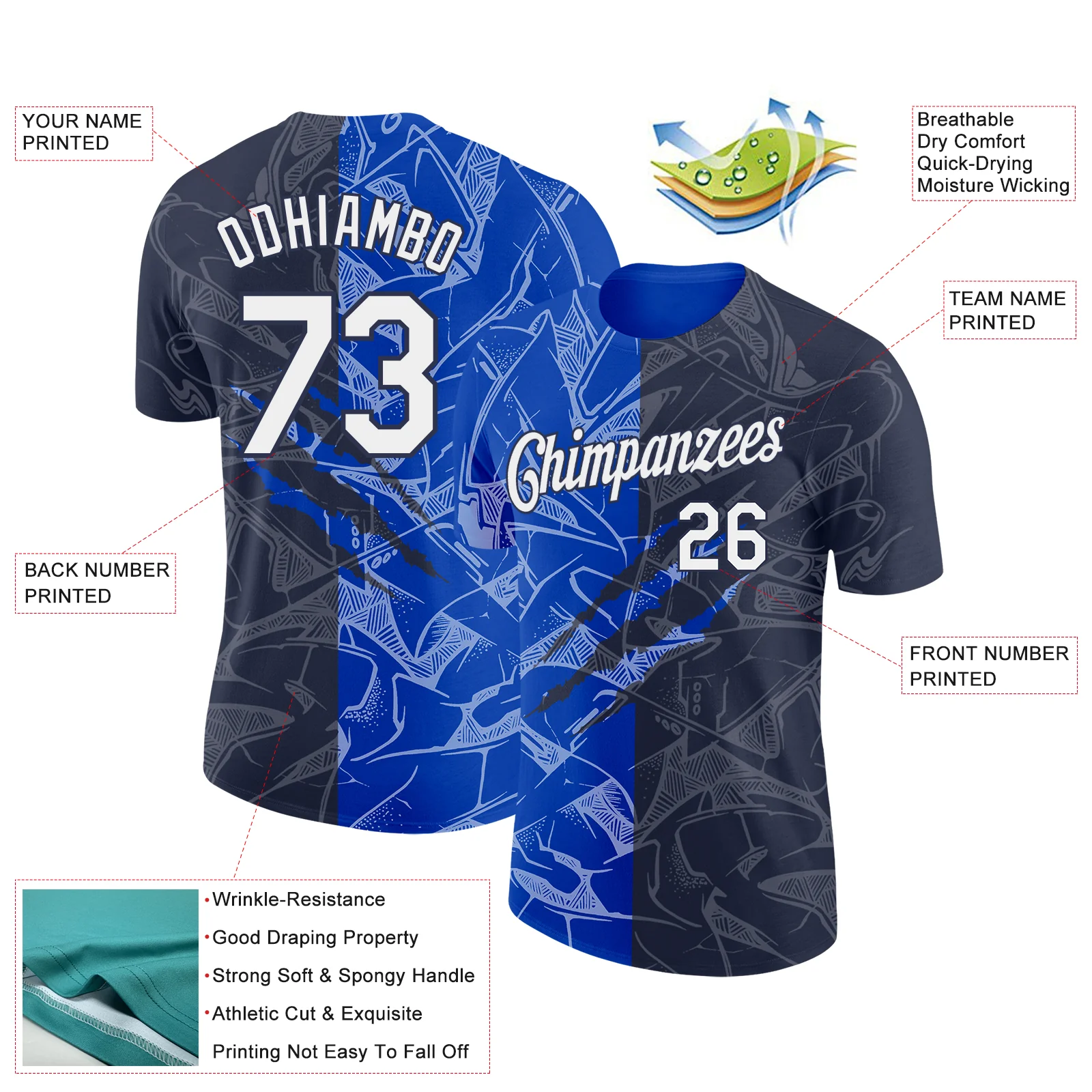 Custom Graffiti Pattern White Navy-Thunder Blue Scratch 3D Performance T-Shirt - Image 2