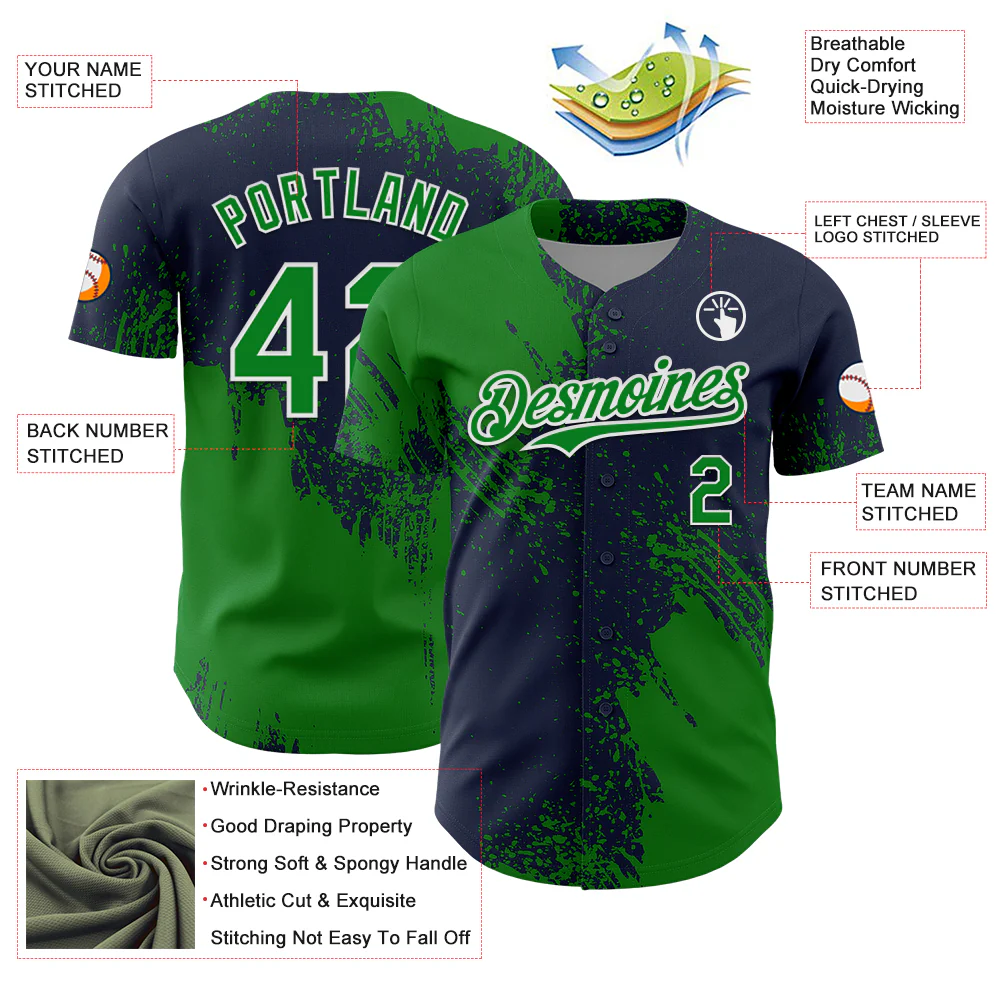 Custom Grass Green Navy-White 3D Pattern Design Abstract Brush Stroke Authentic Baseball Jersey - Image 3