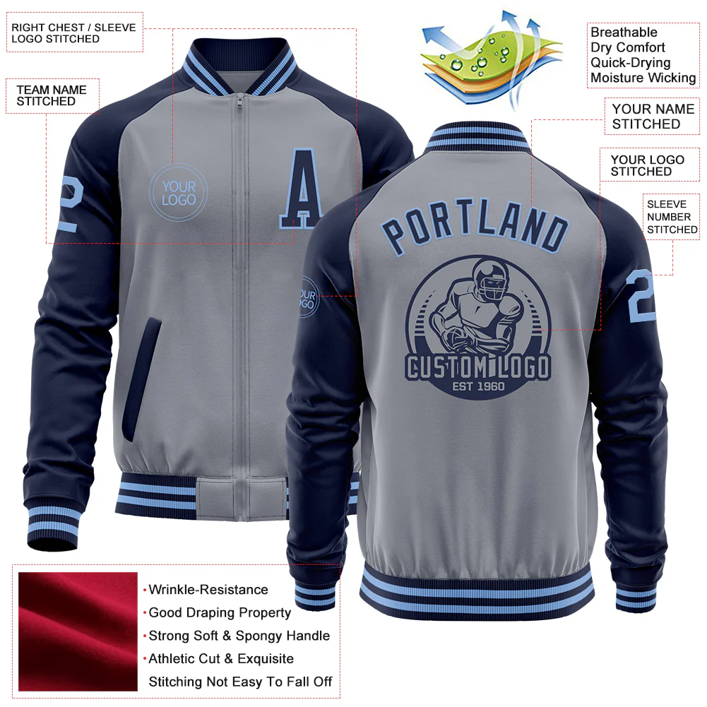 Custom Gray Light Blue-Navy Varsity Letterman Two Tone Zipper Jacket - Image 4