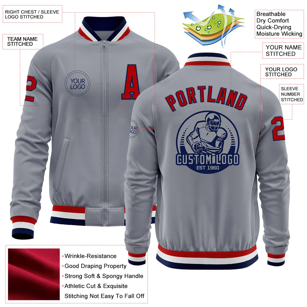 Custom Gray Red-Navy Bomber Varsity Letterman Zipper Jacket - Image 4