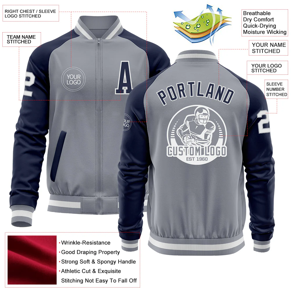 Custom Gray White-Navy Varsity Letterman Two Tone Zipper Jacket - Image 4