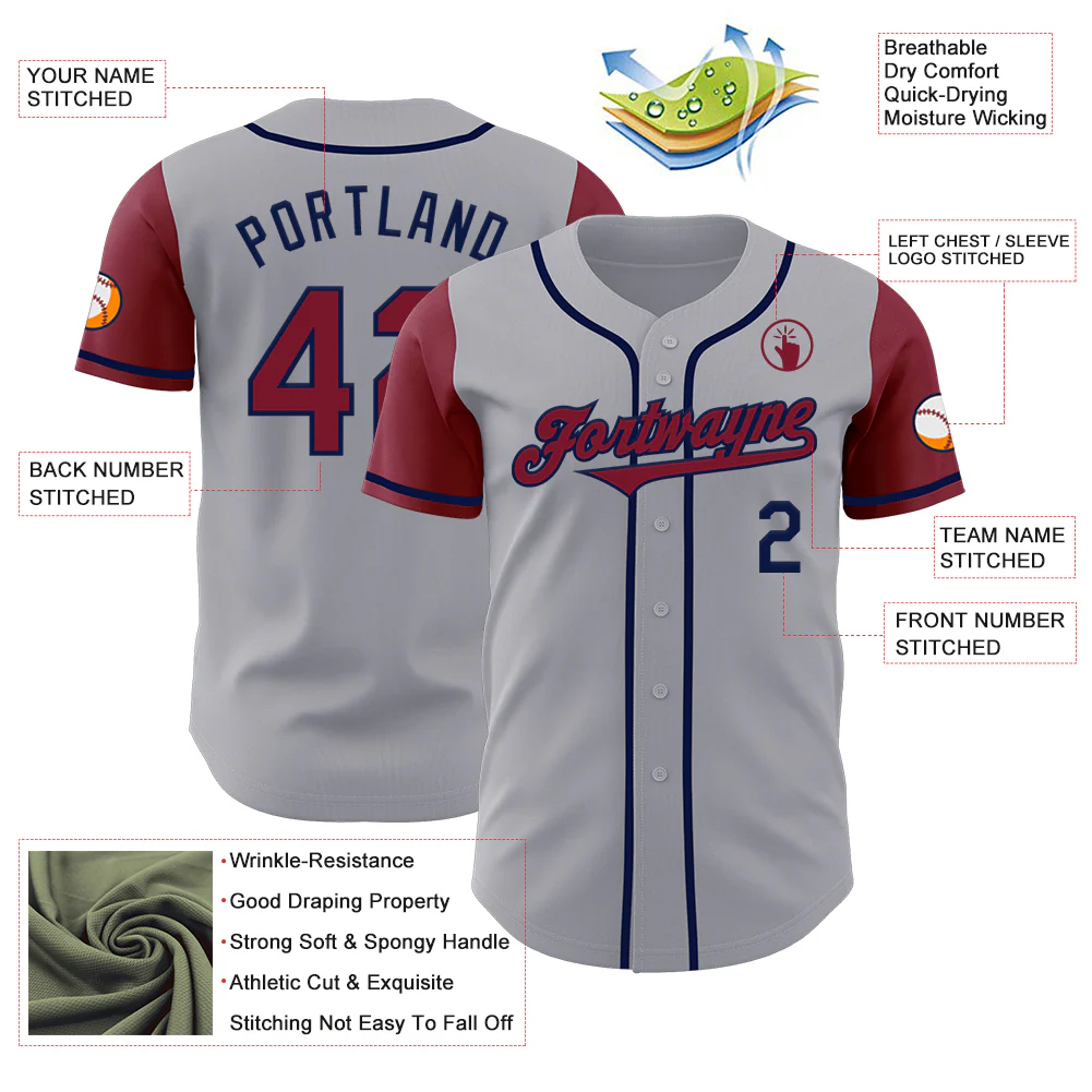 Custom Gray Crimson-Navy Authentic Two Tone Baseball Jersey - Image 3