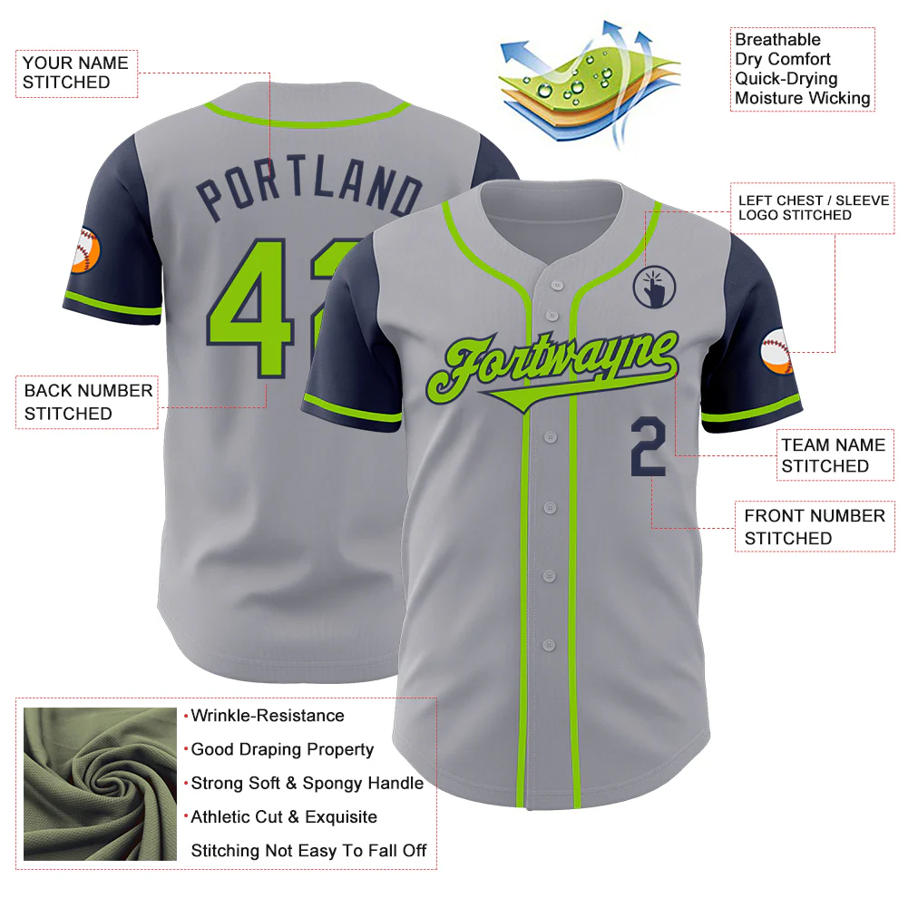 Custom Gray Neon Green-Navy Authentic Two Tone Baseball Jersey - Image 3