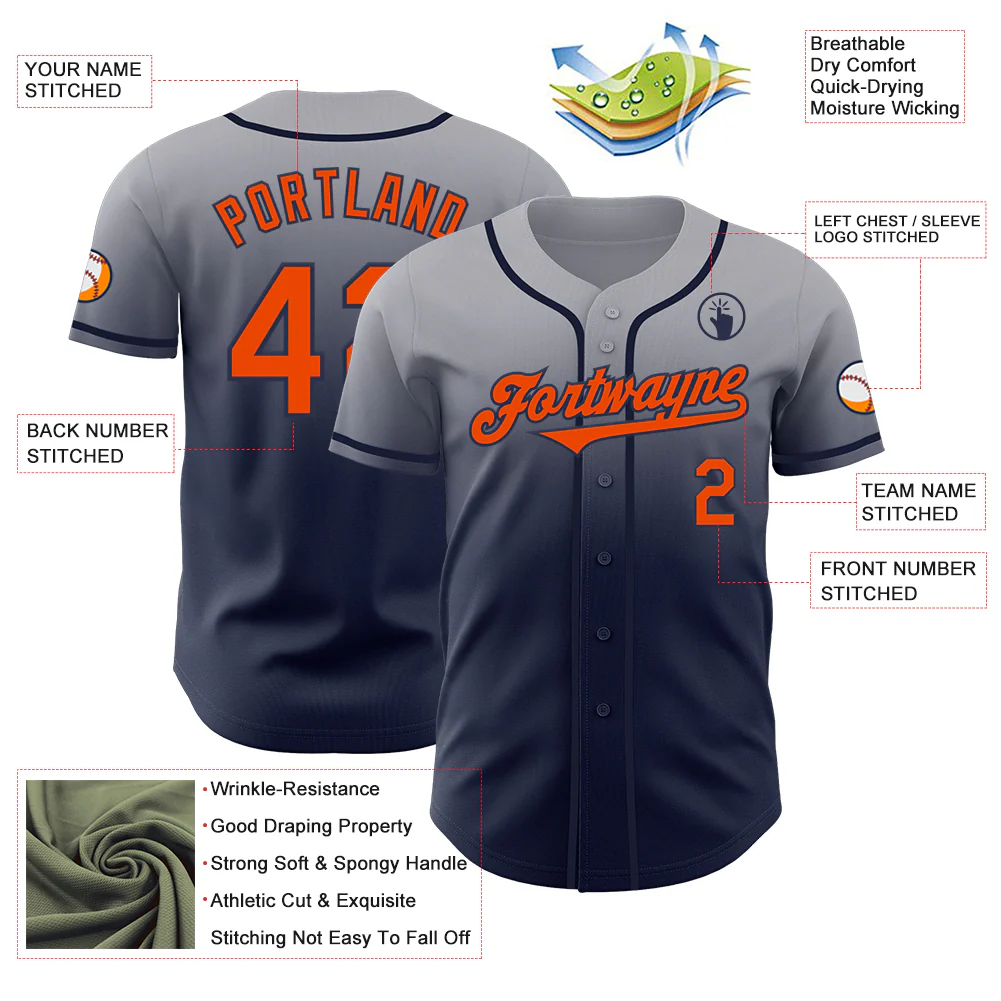 Custom Gray Orange-Navy Authentic Fade Fashion Baseball Jersey - Image 3