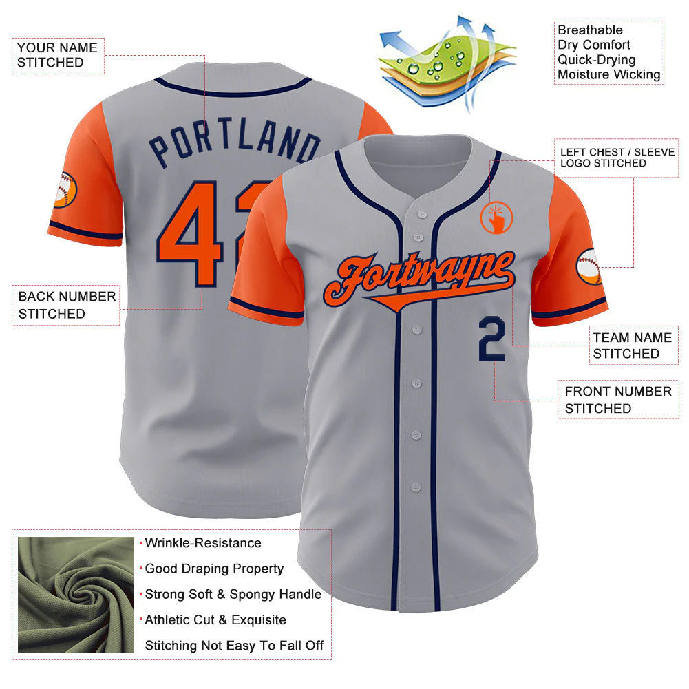 Custom Gray Orange-Navy Authentic Two Tone Baseball Jersey - Image 3