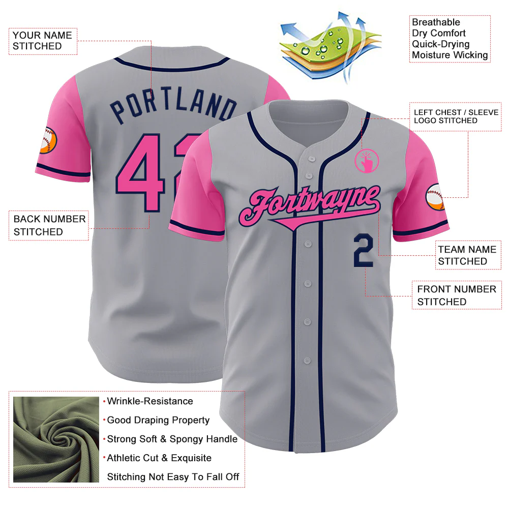 Custom Gray Pink-Navy Authentic Two Tone Baseball Jersey - Image 3