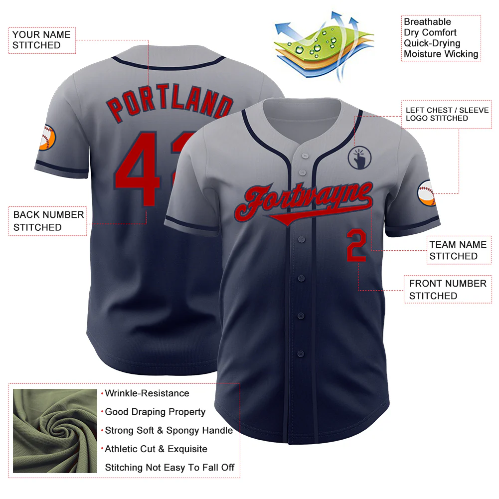 Custom Gray Red-Navy Authentic Fade Fashion Baseball Jersey - Image 3