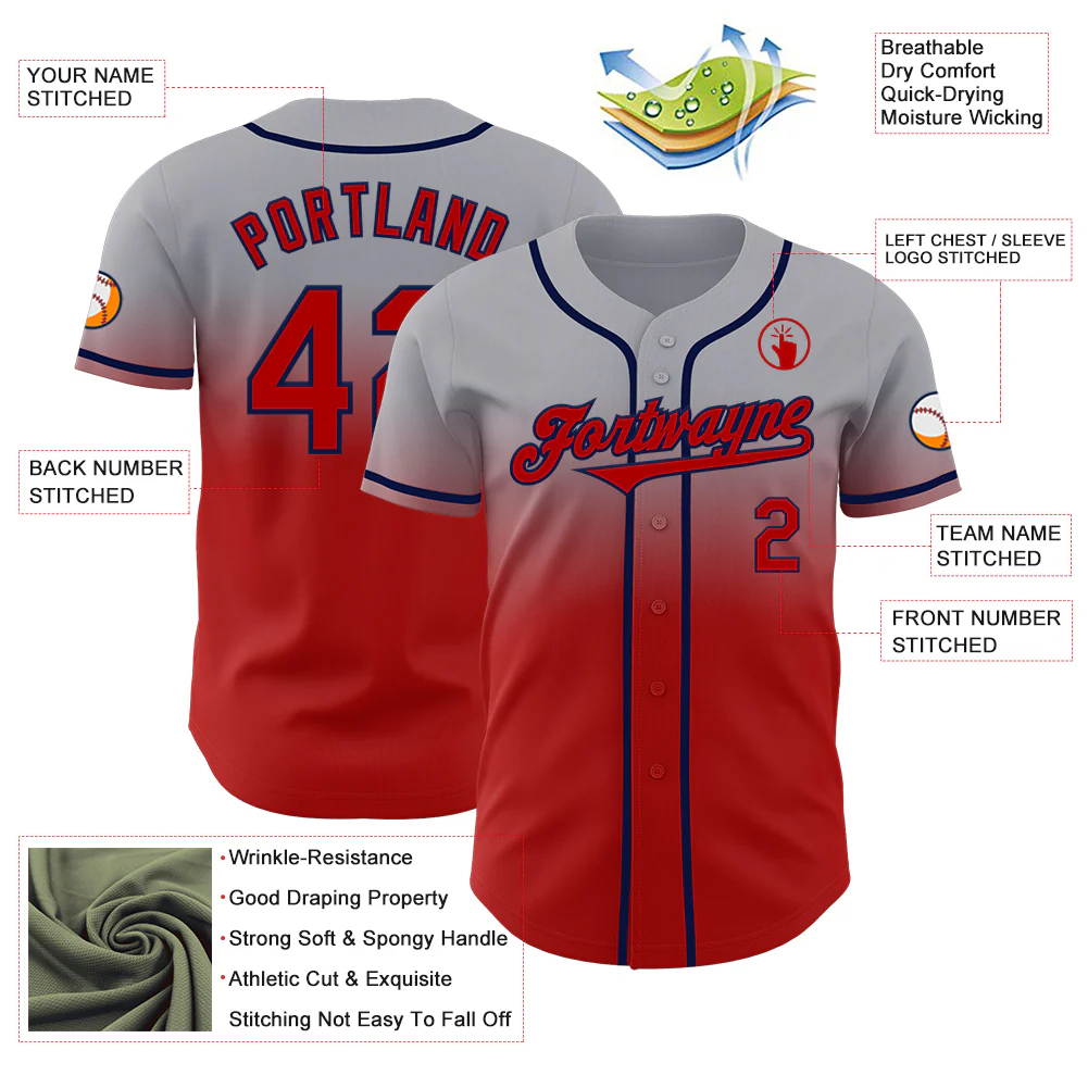 Custom Gray Red-Navy Authentic Fade Fashion Baseball Jersey - Image 3