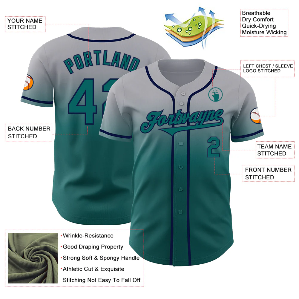 Custom Gray Teal-Navy Authentic Fade Fashion Baseball Jersey - Image 3