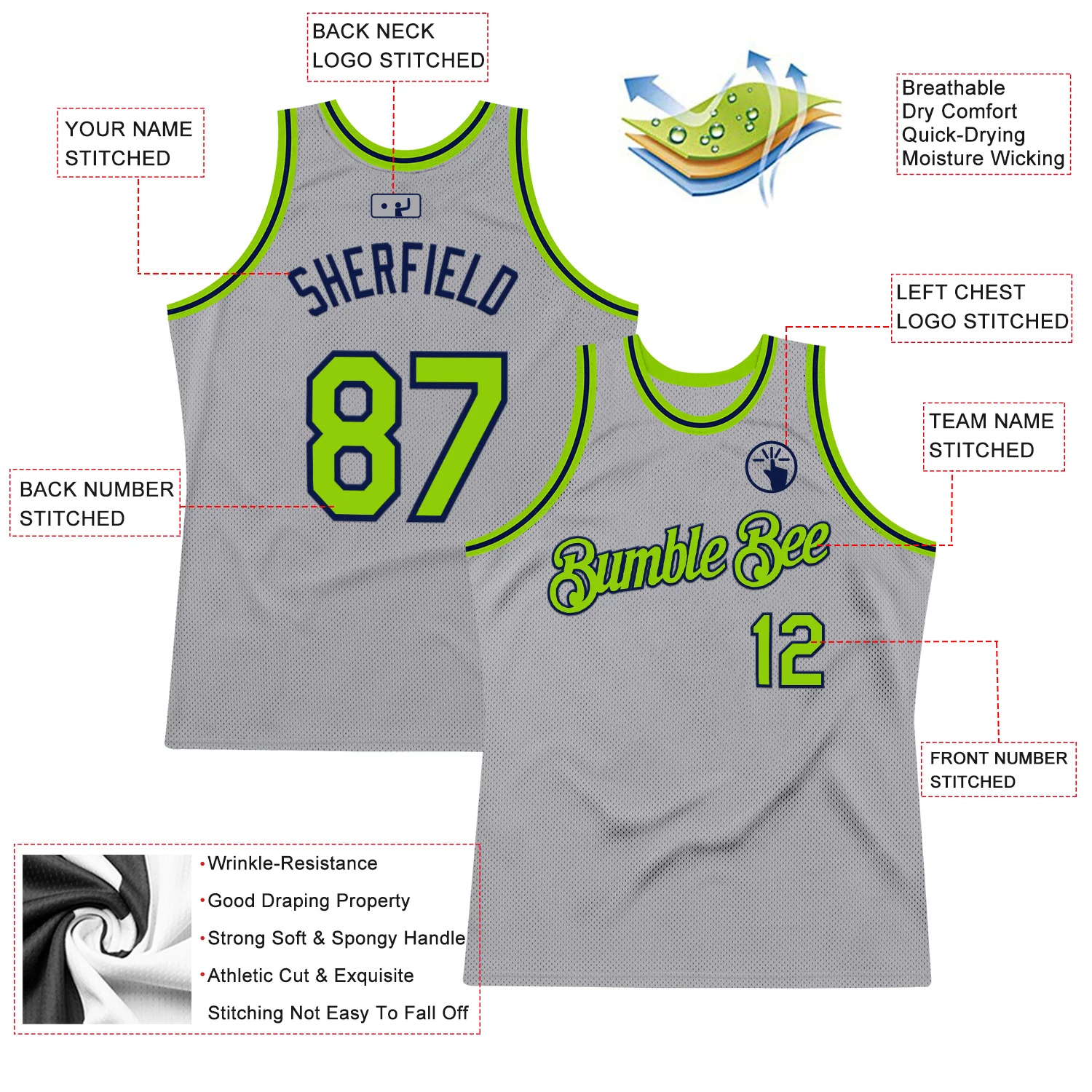 Custom Gray Neon Green-Navy Authentic Throwback Basketball Jersey - Image 2