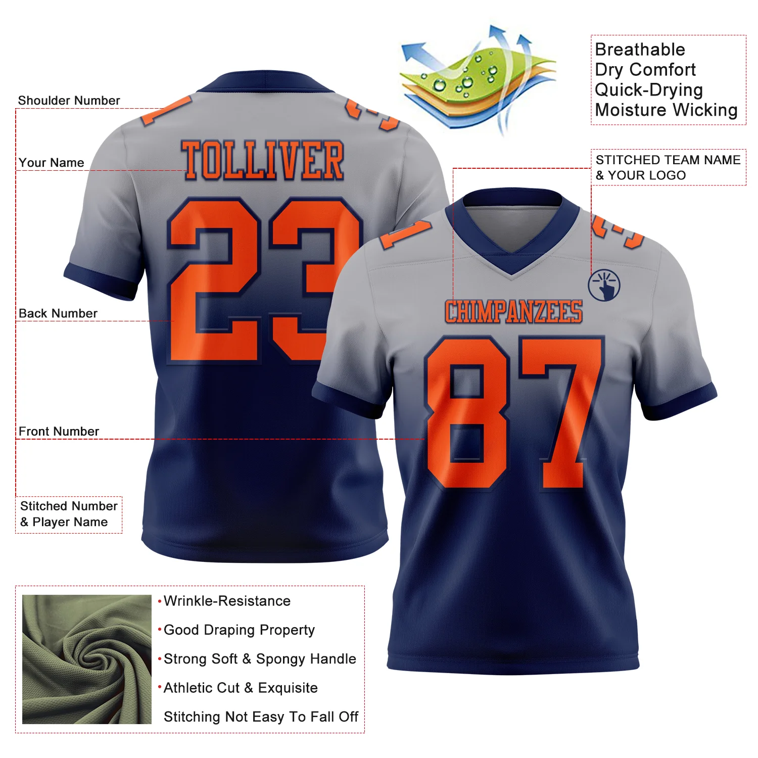 Custom Gray Orange-Navy Authentic Fade Fashion Football Jersey - Image 2