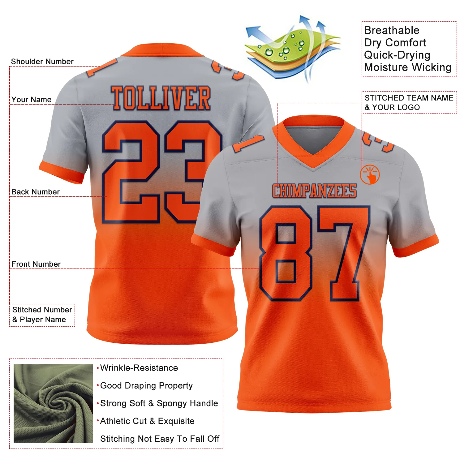 Custom Gray Orange-Navy Authentic Fade Fashion Football Jersey - Image 2