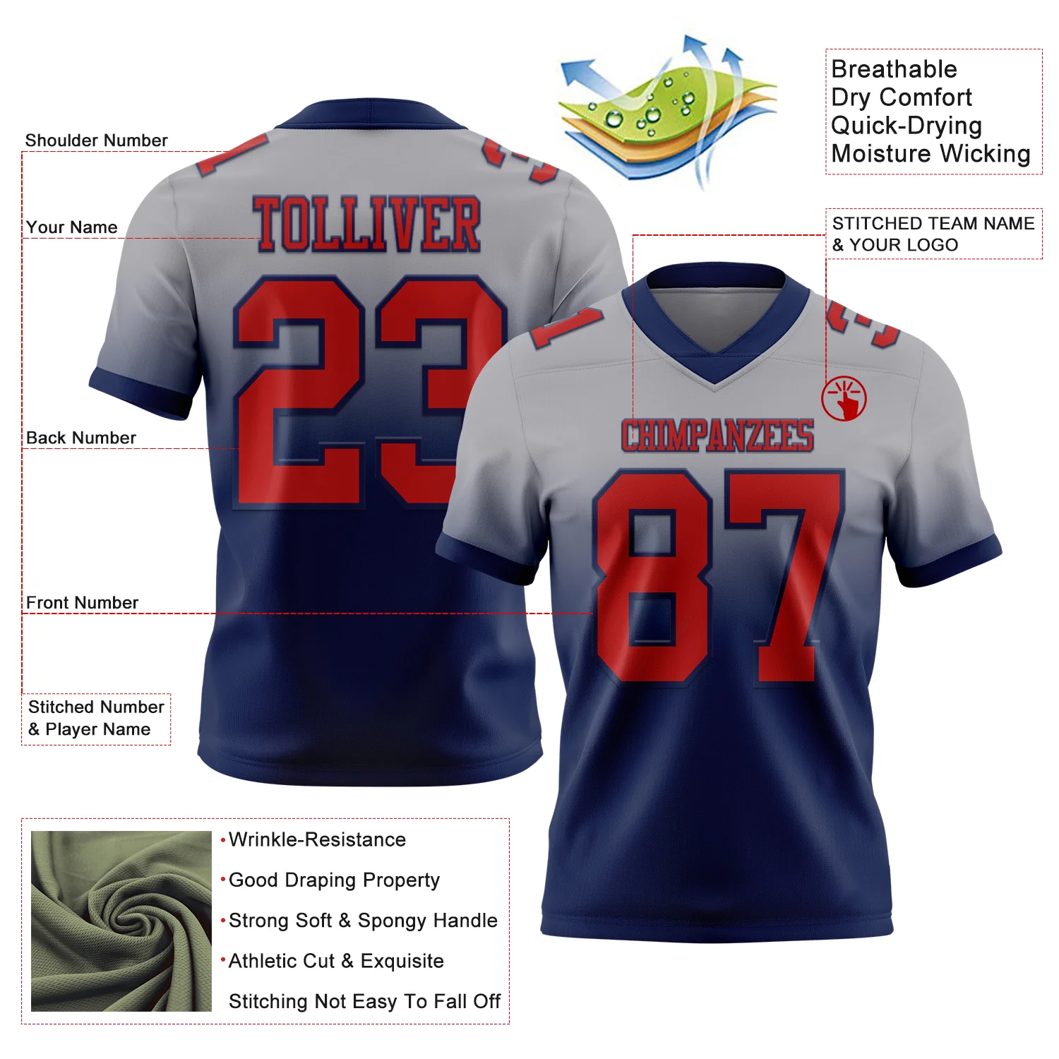 Custom Gray Red-Navy Authentic Fade Fashion Football Jersey - Image 2