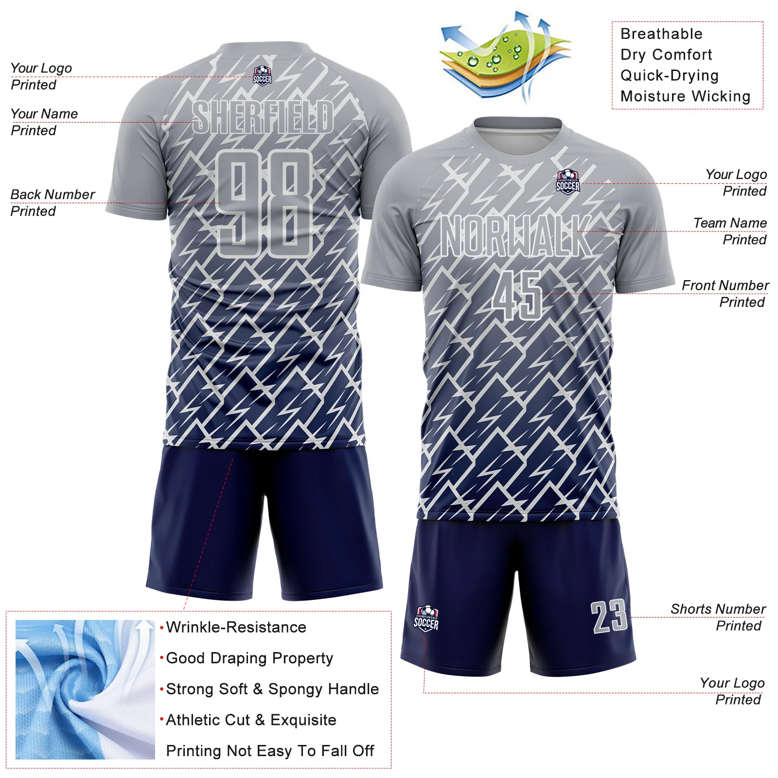 Custom Gray Navy-White Lightning Sports Sublimation Soccer Uniform Jersey - Image 4