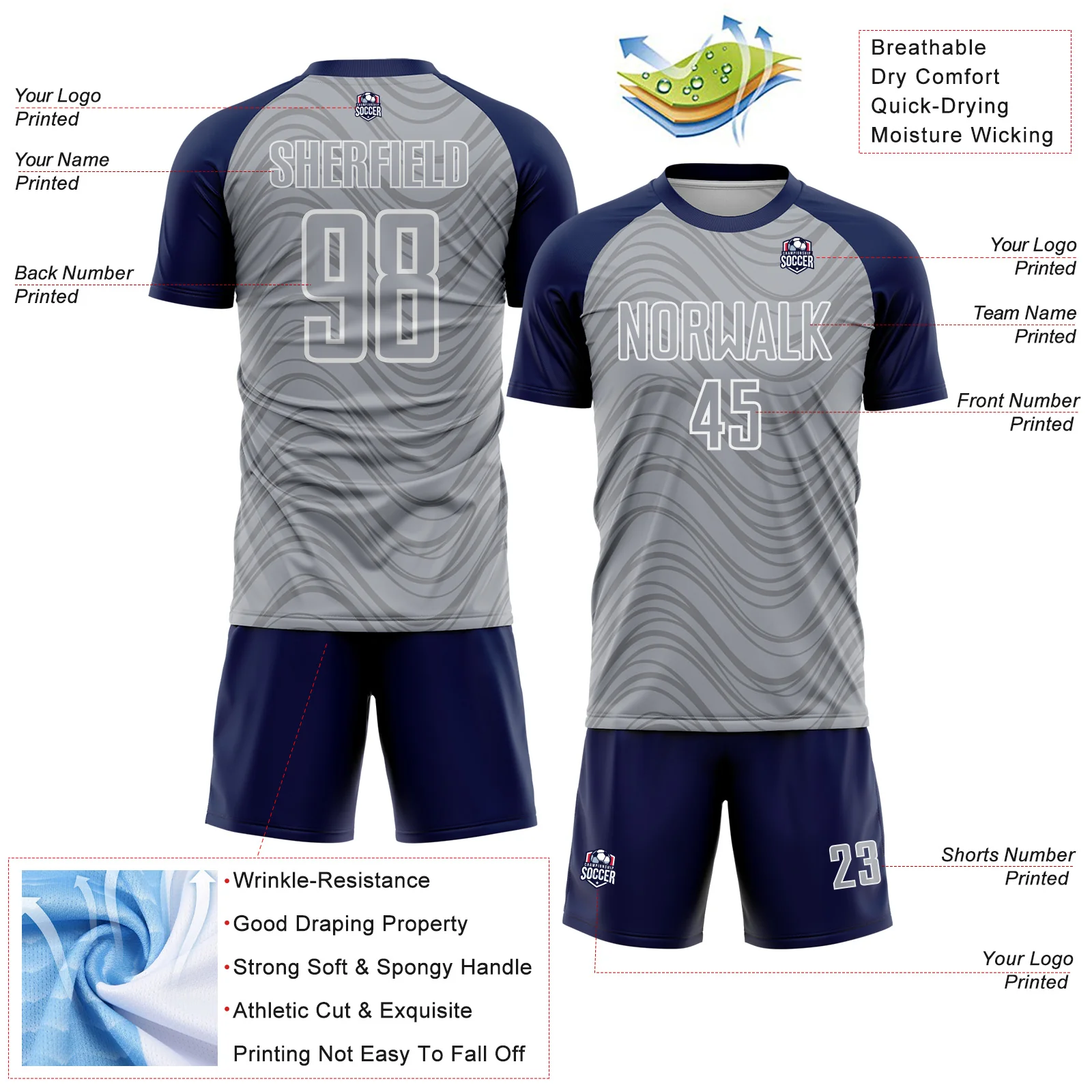 Custom Gray Navy-White Wavy Lines Sports Sublimation Soccer Uniform Jersey - Image 4