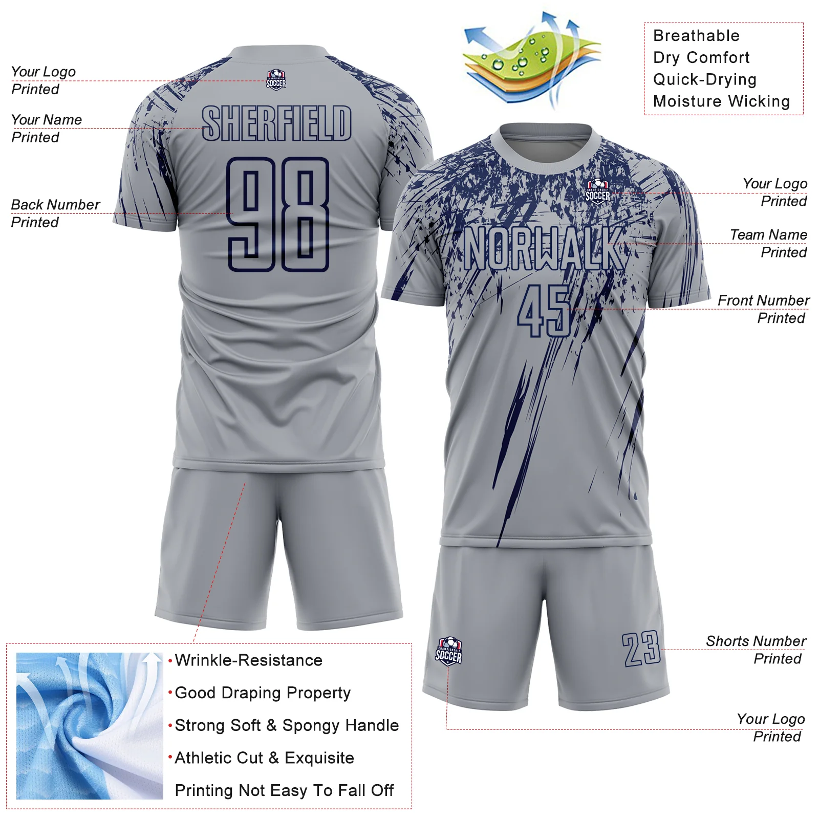 Custom Gray Navy Splash Sports Sublimation Soccer Uniform Jersey - Image 4