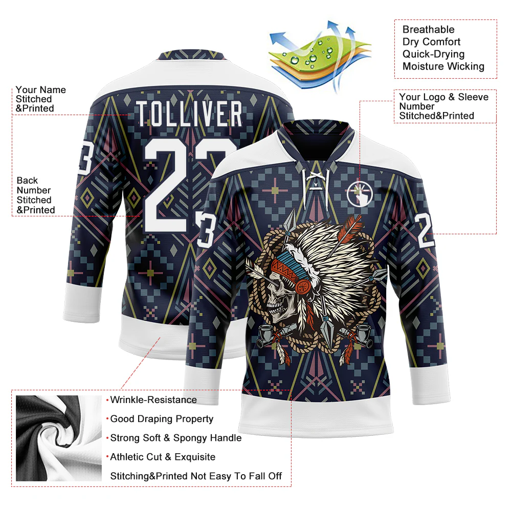 Custom Navy White Native Americans Tribal Indigenous People Hockey Lace Neck Jersey - Image 4