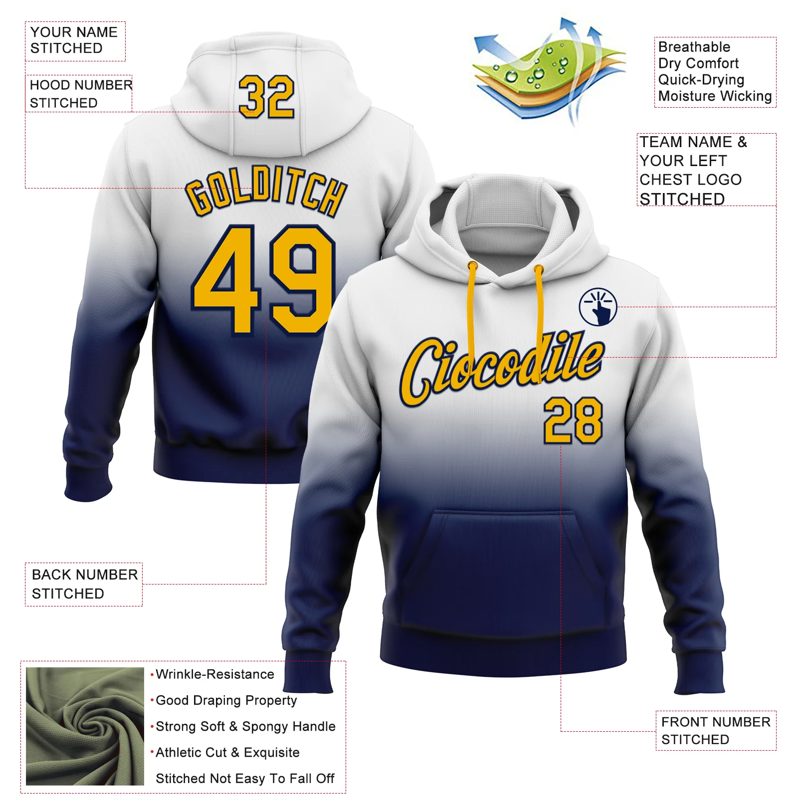 Custom Stitched White Gold-Navy Fade Fashion Sports Pullover Sweatshirt Hoodie - Image 2