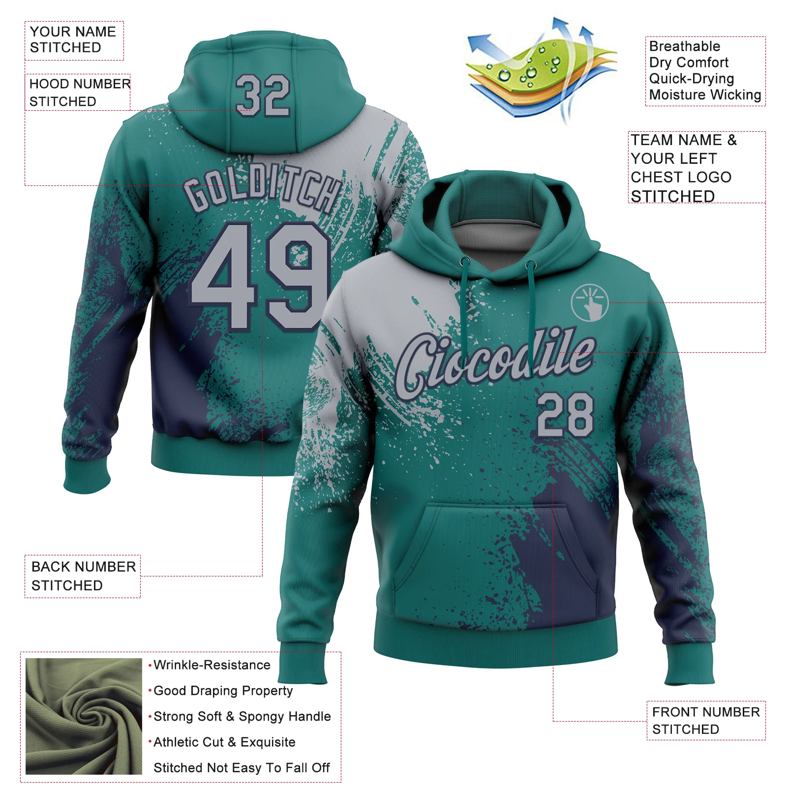 Custom Stitched Teal Gray-Navy 3D Pattern Design Abstract Brush Stroke Sports Pullover Sweatshirt Hoodie - Image 2
