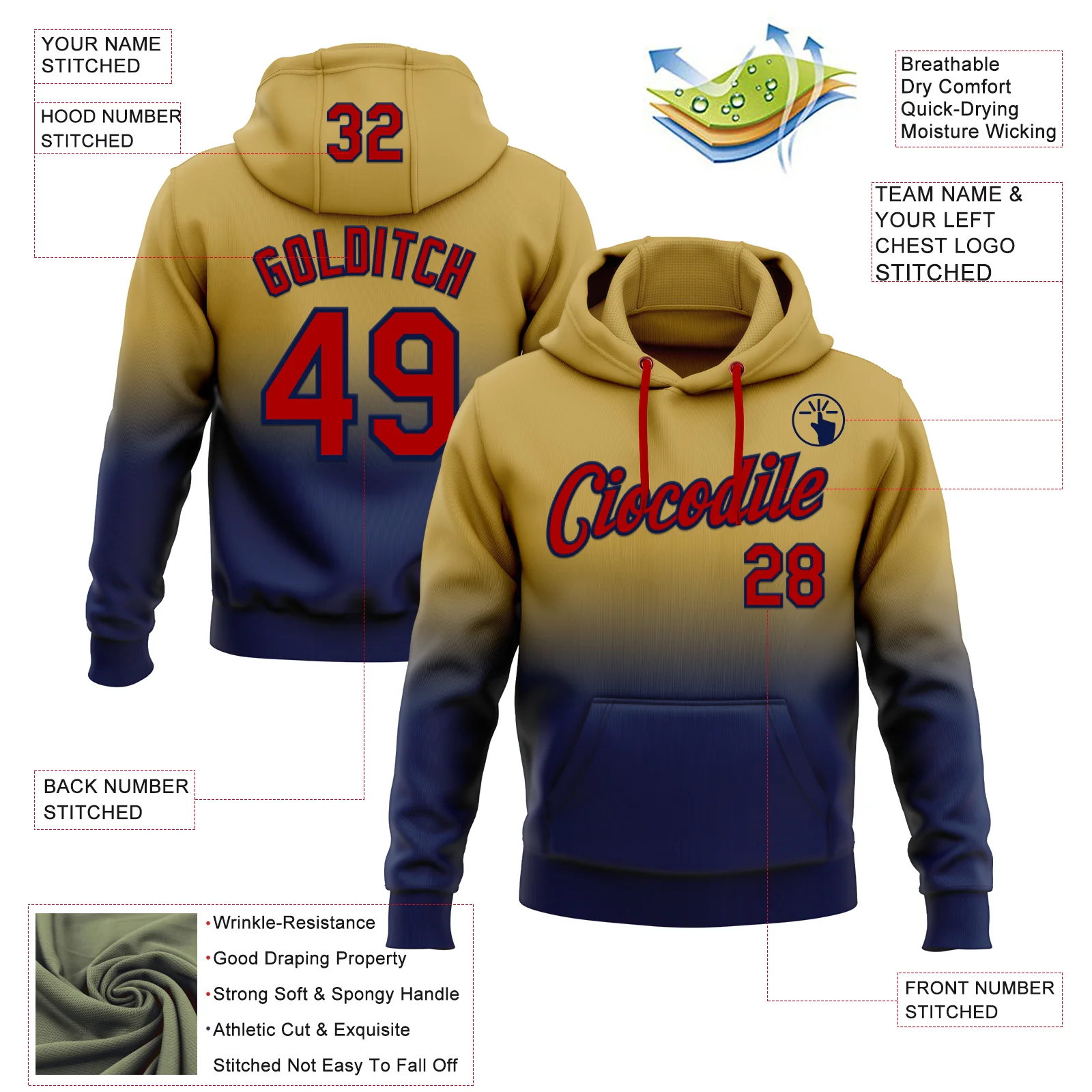 Custom Stitched Old Gold Red-Navy Fade Fashion Sports Pullover Sweatshirt Hoodie - Image 2