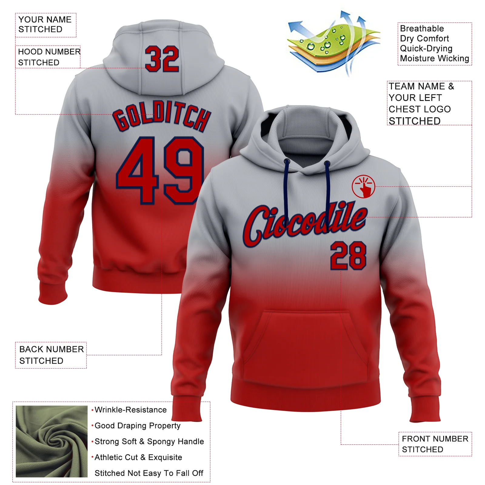 Custom Stitched Gray Red-Navy Fade Fashion Sports Pullover Sweatshirt Hoodie - Image 2