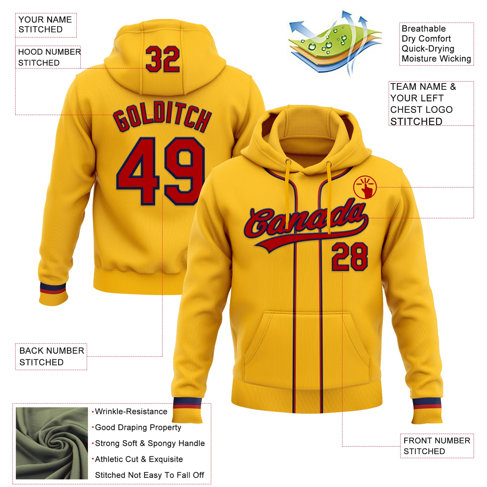 Custom Stitched Gold Red-Navy Baseball Pullover Sweatshirt Hoodie - Image 2