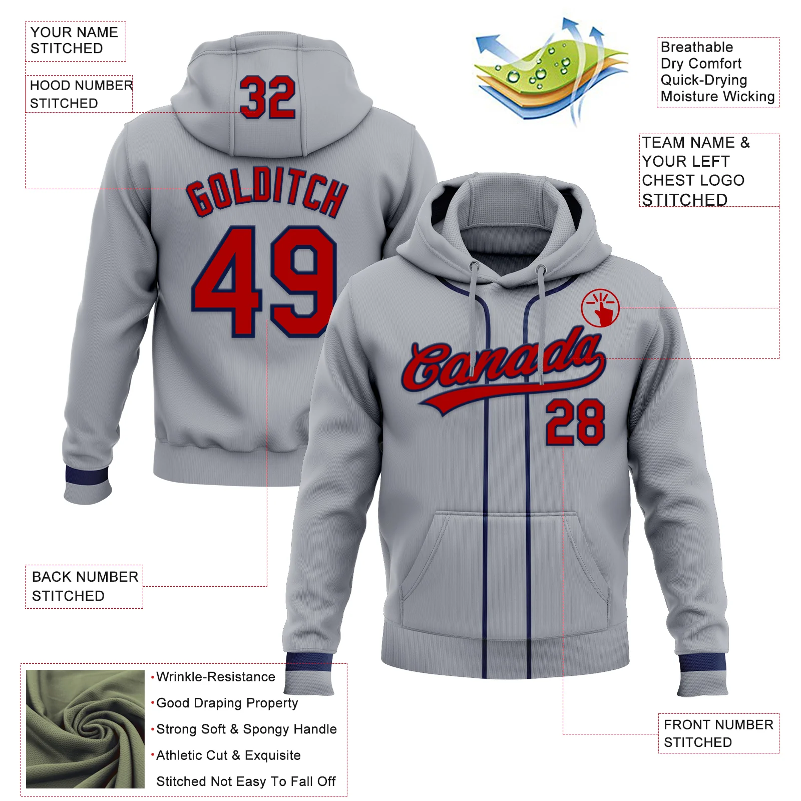Custom Stitched Gray Red-Navy Baseball Pullover Sweatshirt Hoodie - Image 2