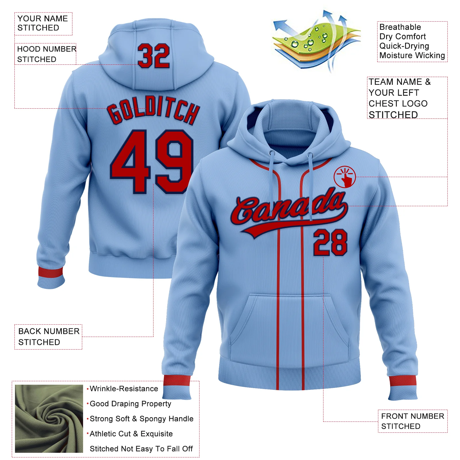 Custom Stitched Light Blue Red-Navy Baseball Pullover Sweatshirt Hoodie - Image 2