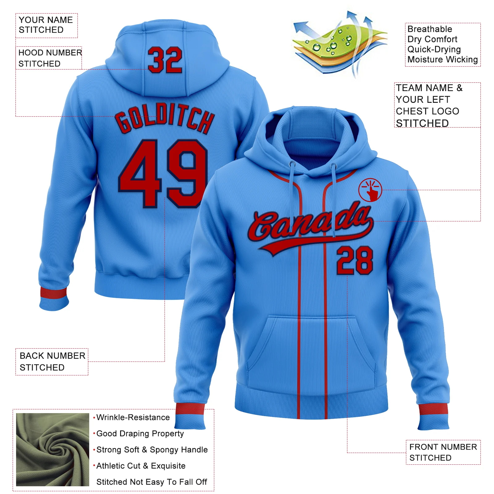 Custom Stitched Powder Blue Red-Navy Baseball Pullover Sweatshirt Hoodie - Image 2
