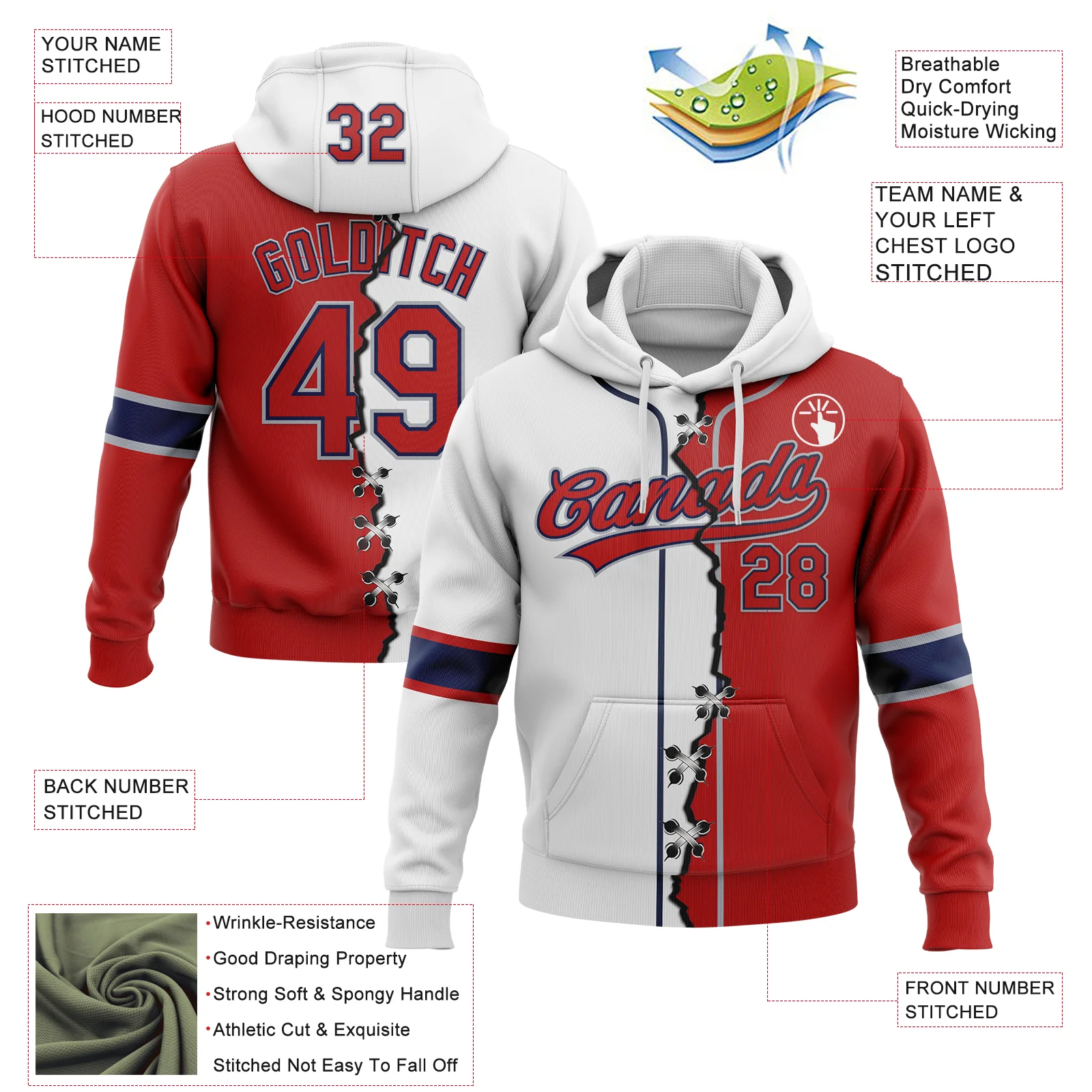 Custom White Red Navy-Gray Split Ripped Pattern Baseball Pullover Sweatshirt Hoodie - Image 2