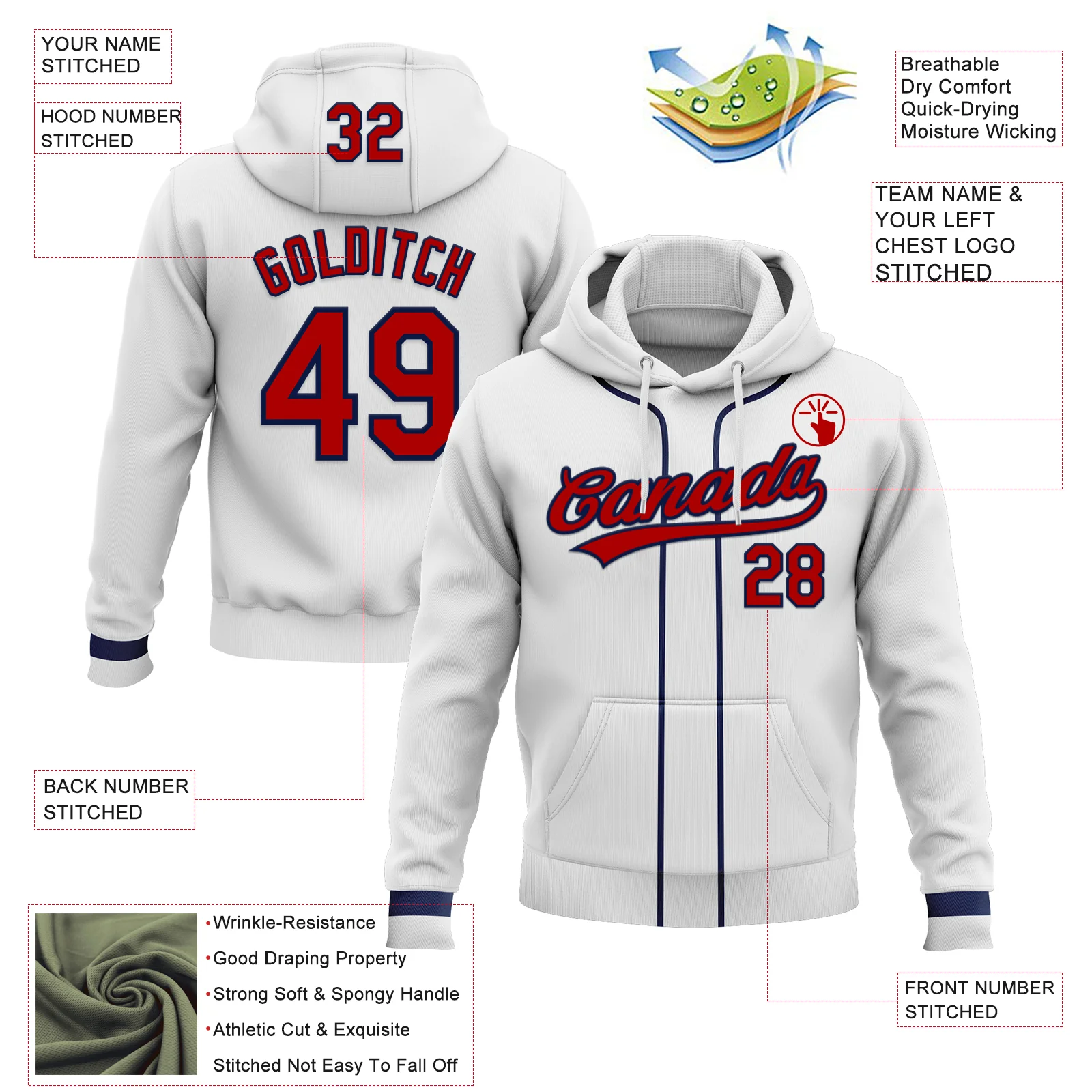 Custom Stitched White Red-Navy Baseball Pullover Sweatshirt Hoodie - Image 2