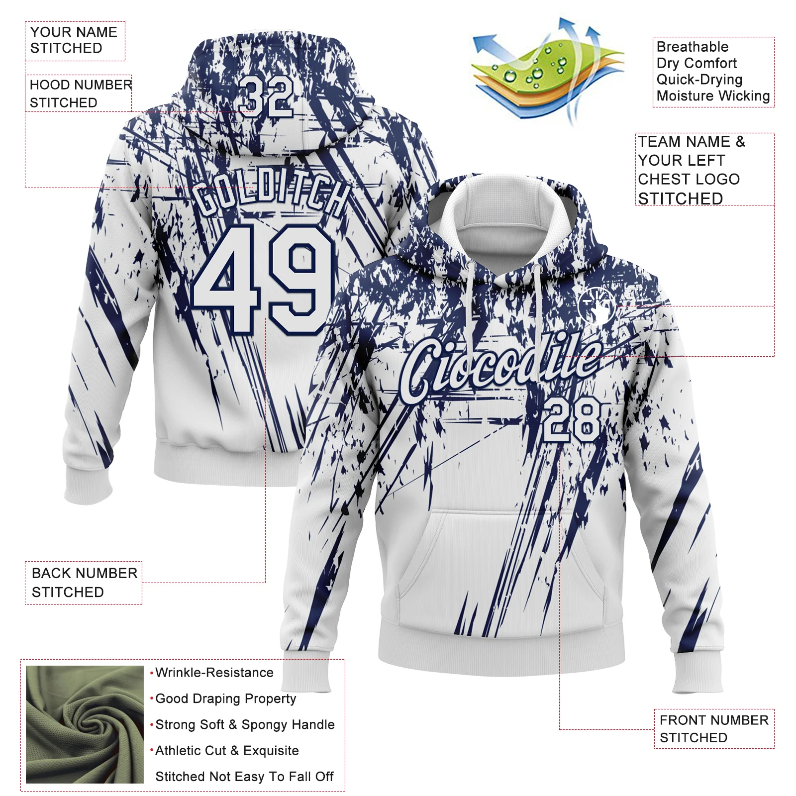 Custom Stitched White Navy 3D Pattern Design Splash Grunge Art Sports Pullover Sweatshirt Hoodie - Image 2