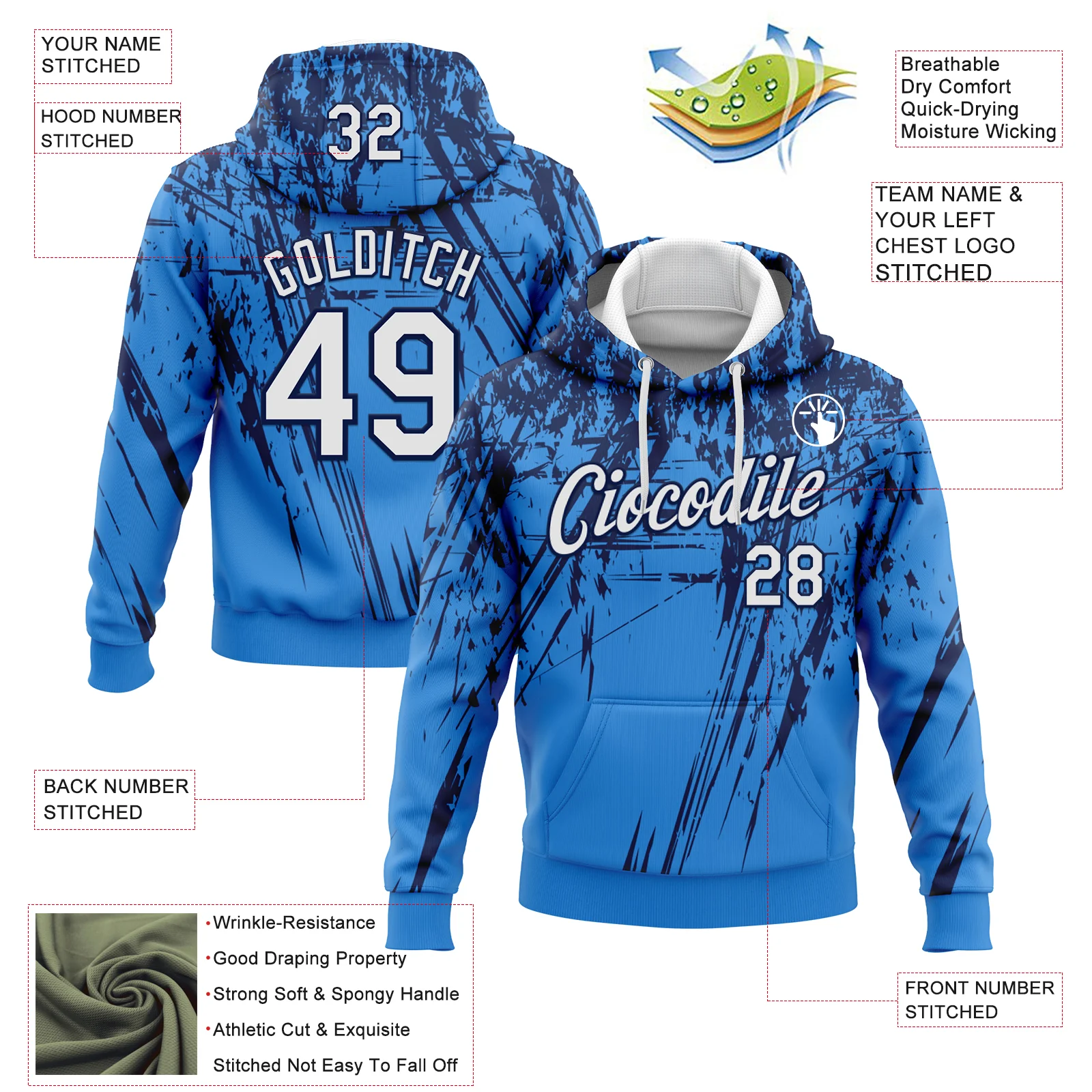Custom Stitched Powder Blue White-Navy 3D Pattern Design Splash Grunge Art Sports Pullover Sweatshirt Hoodie - Image 2