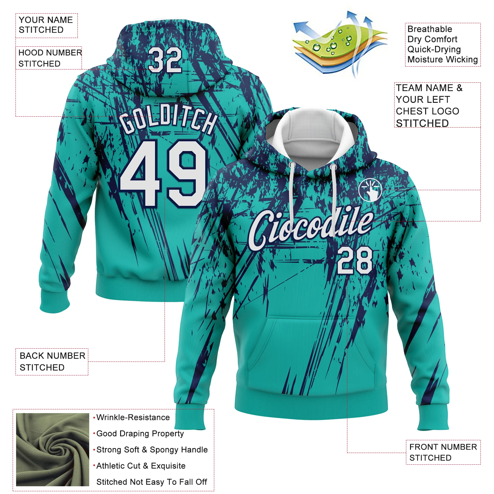 Custom Stitched Aqua White-Navy 3D Pattern Design Splash Grunge Art Sports Pullover Sweatshirt Hoodie - Image 2