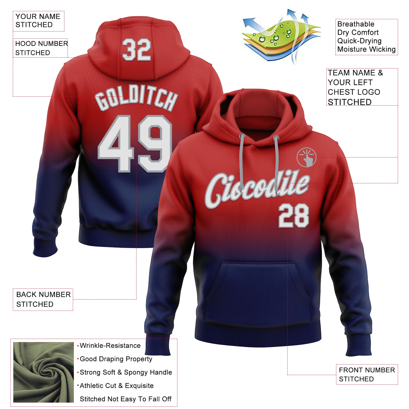 Custom Stitched Red White Navy-Gray Fade Fashion Sports Pullover Sweatshirt Hoodie - Image 2