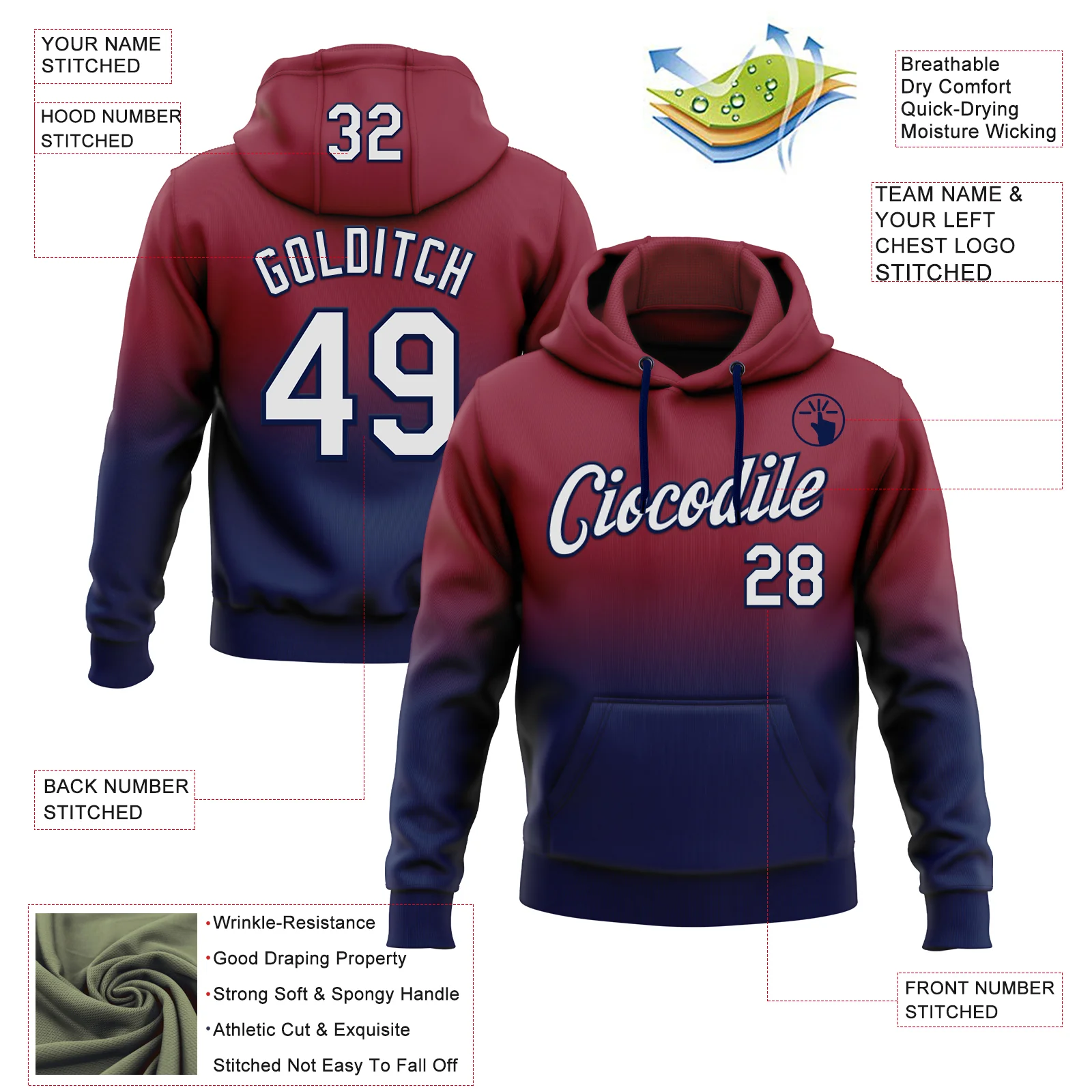 Custom Stitched Crimson White-Navy Fade Fashion Sports Pullover Sweatshirt Hoodie - Image 2