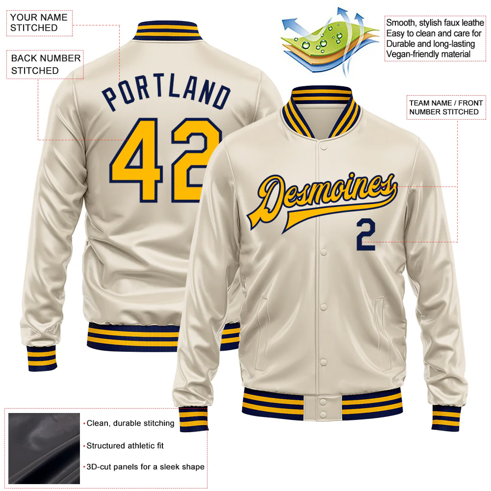 Custom Cream Gold-Navy Bomber Full-Snap Varsity Faux Leather Letterman Jacket - Image 2