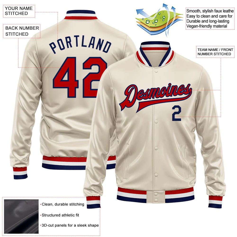 Custom Cream Red-Navy Bomber Full-Snap Varsity Faux Leather Letterman Jacket - Image 2