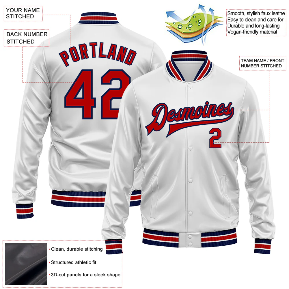 Custom White Red-Navy Bomber Full-Snap Varsity Faux Leather Letterman Jacket - Image 2