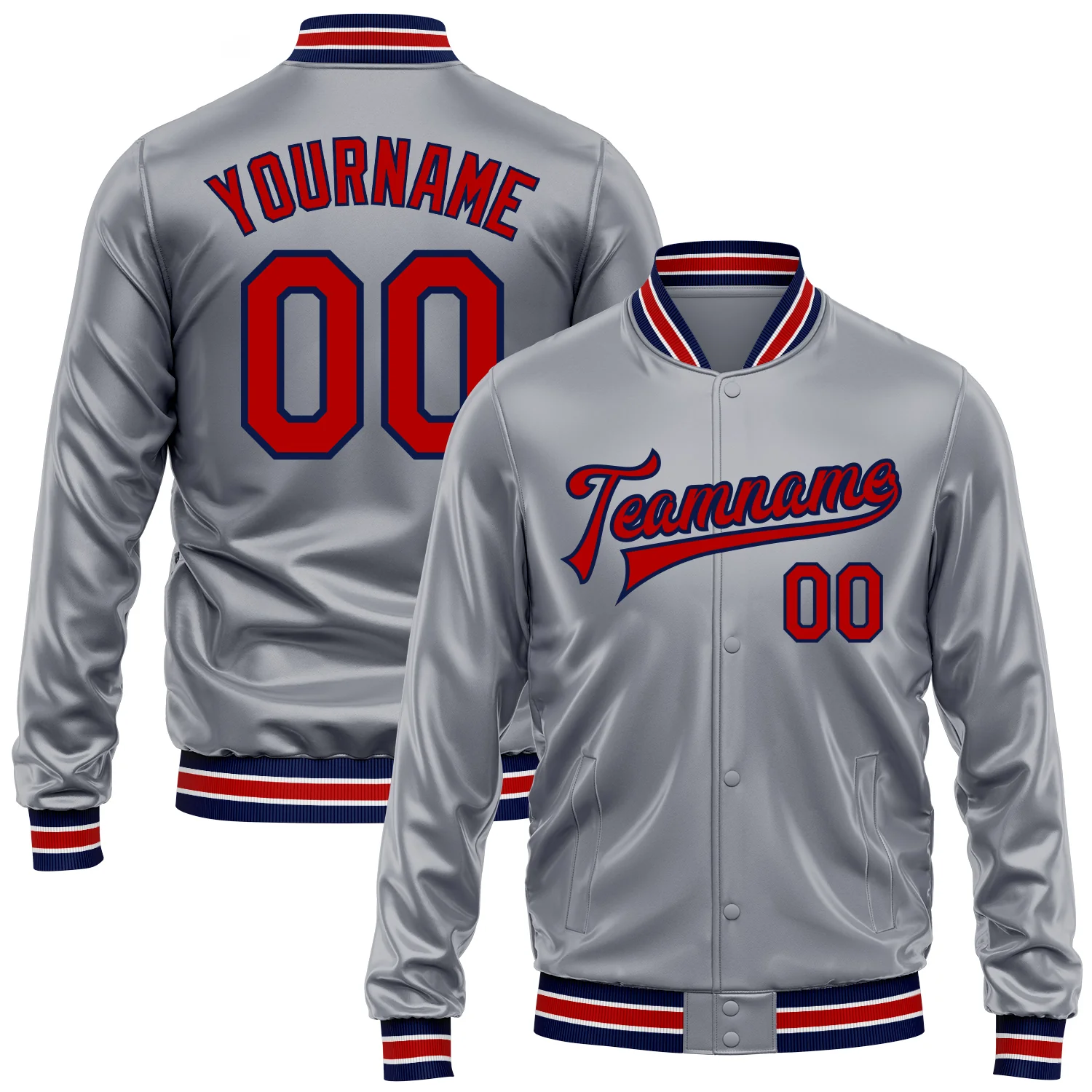 Custom Gray Red-Navy Bomber Full-Snap Varsity Faux Leather Letterman Jacket