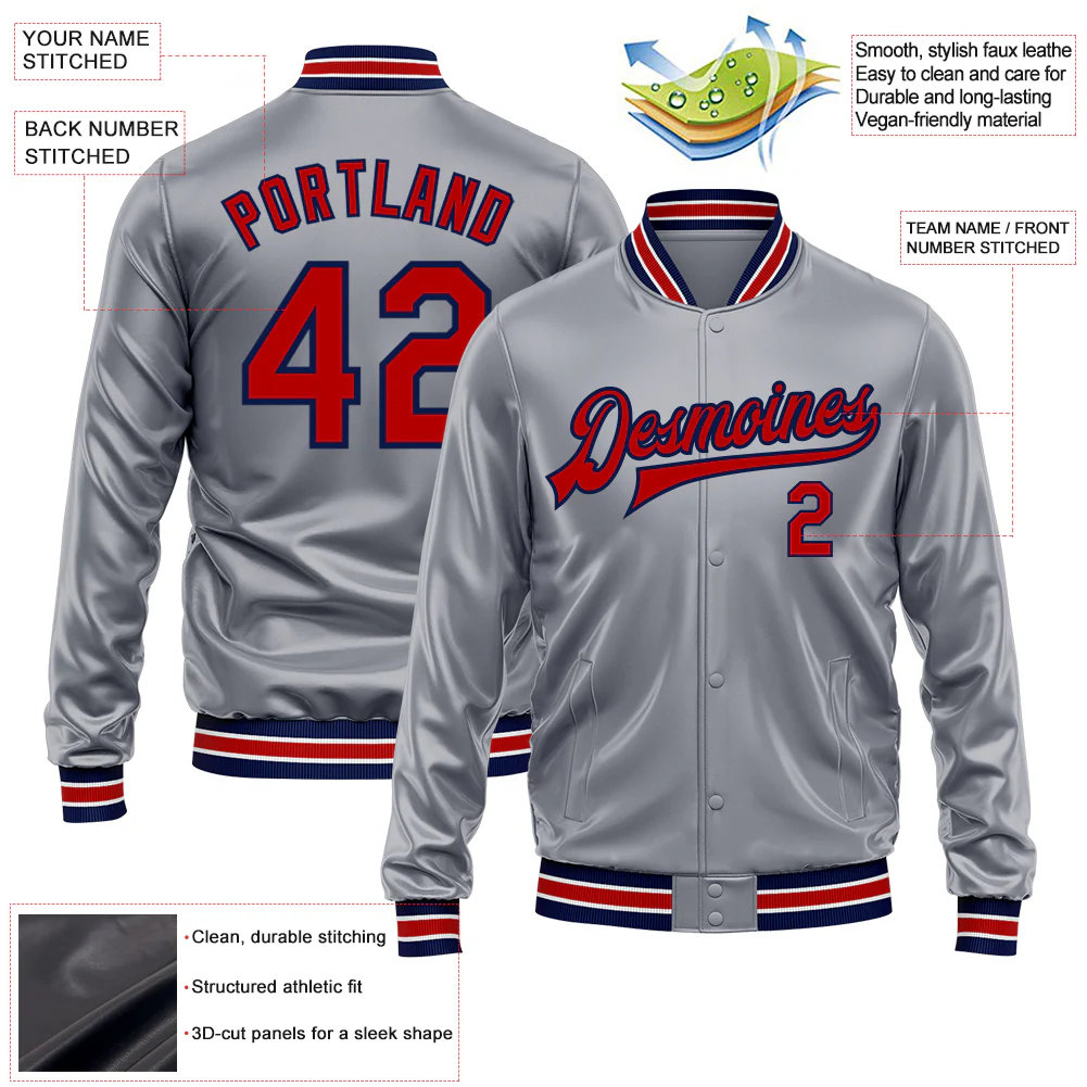 Custom Gray Red-Navy Bomber Full-Snap Varsity Faux Leather Letterman Jacket - Image 2