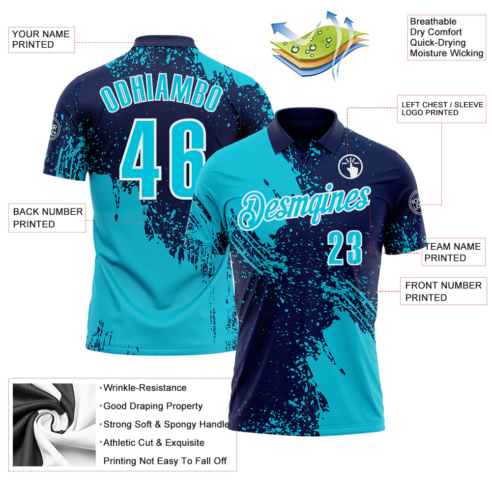 Custom Lakes Blue Navy-White 3D Pattern Design Abstract Brush Stroke Performance Polo Shirt - Image 3