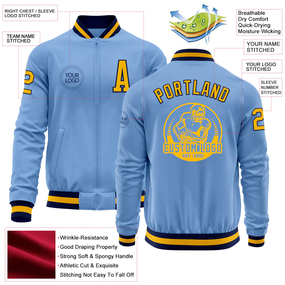 Custom Light Blue Gold-Navy Bomber Varsity Letterman Zipper Jacket - Image 4