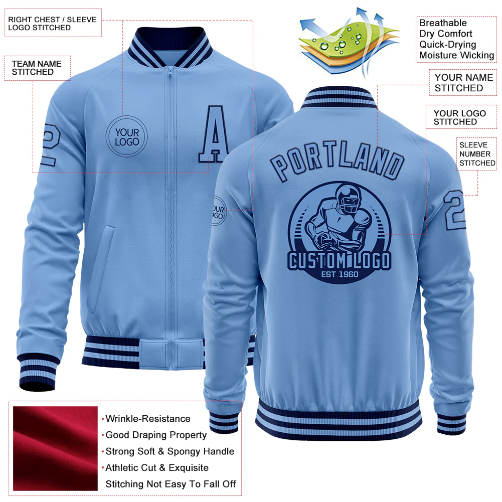 Custom Light Blue Navy Bomber Varsity Letterman Zipper Jacket - Image 4