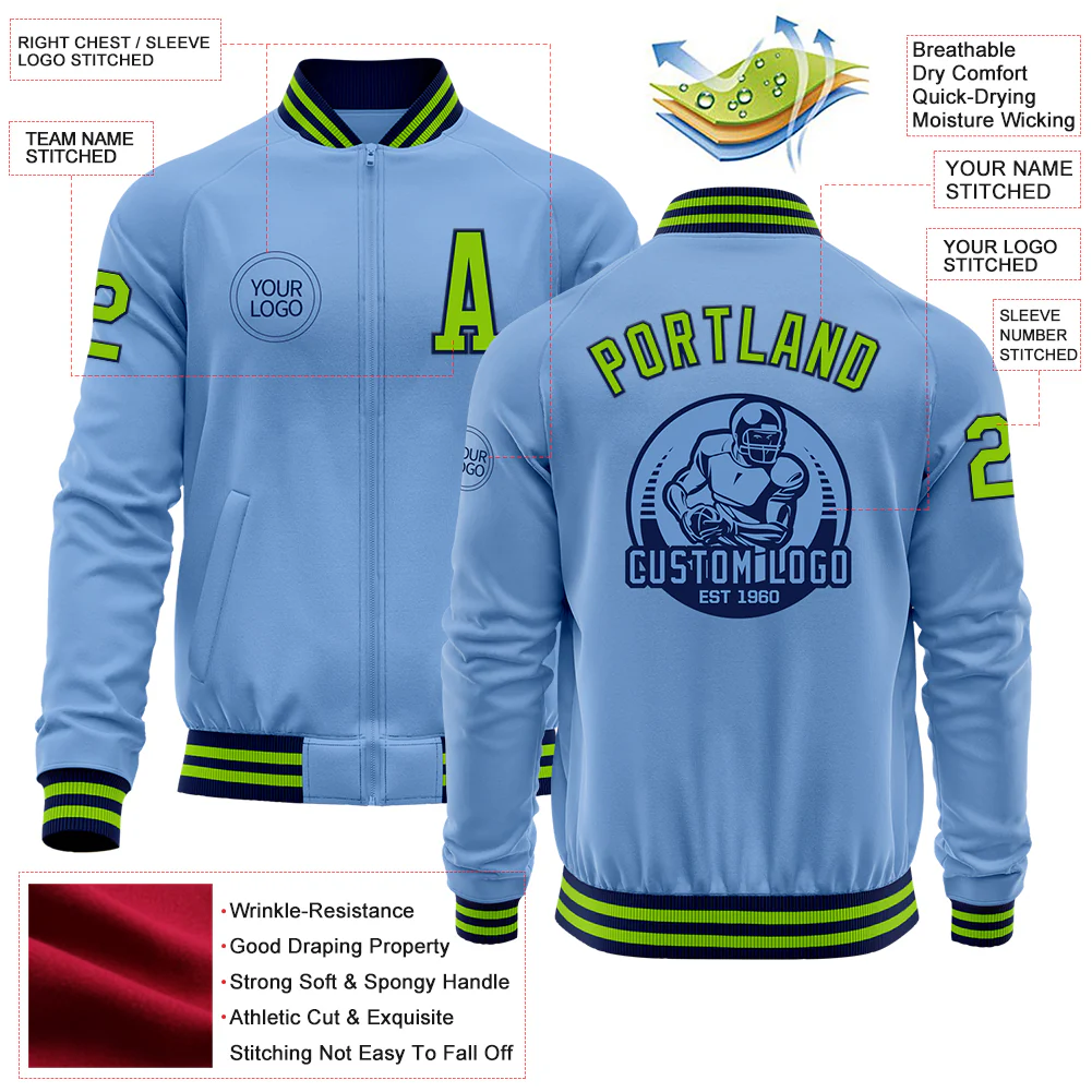 Custom Light Blue Neon Green-Navy Bomber Varsity Letterman Zipper Jacket - Image 4